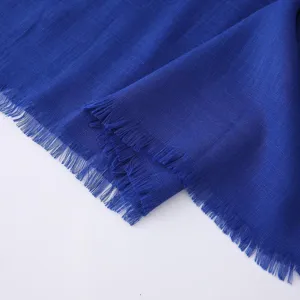 Royal blue solid color minimalist fringed long scarf, breathable slub fabric shawl.