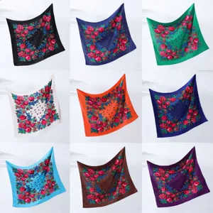 Vintage Ethnic Floral Print Square Scarf Women Fashion Polyester Lightweight Sunscreen Neck Scarf Shawl Headscarf