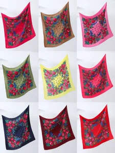 Detailed view of colorful retro floral square scarves, ethnic peony print shawls for women.