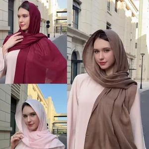 Solid color slub long scarf, breathable casual hijab for women daily travel wear styling.