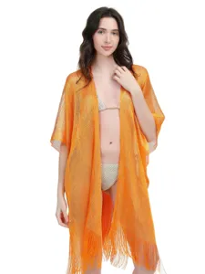 Metallic fringe shawl beach cover up orange open front cardigan for women summer fashion
