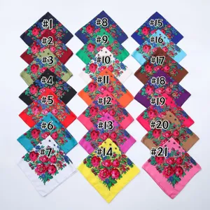 Vintage ethnic peony floral square scarf detail featuring colorful retro head wrap shawls for women.