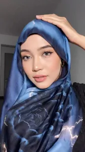 Blue tie-dye watercolor rose print hijab scarf for women, elegant fashion daily headwear.
