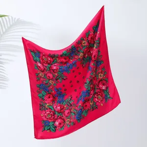 Women red floral square scarf retro ethnic style shawl lightweight neckerchief accessory