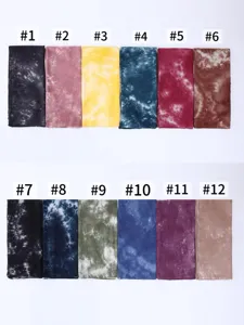 Tie-dye modal gradient fashion shawl scarf, colorful printed long headscarf detail view.