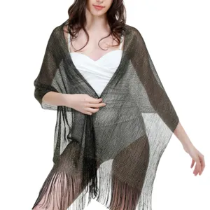 Shimmering metallic tassel shawl, elegant evening party wrap and sun protection scarf.