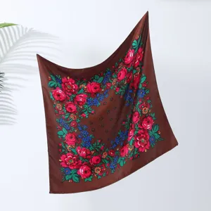 Vintage floral square scarf traditional folk style brown headscarf for women daily