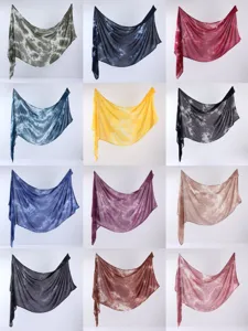 Detail view of gradient tie-dye rayon fashion shawl scarf, soft sun protection long headwear.