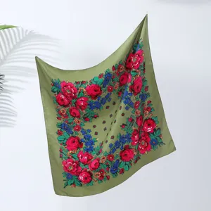 Vintage green peony floral print square scarf, ethnic style headscarf for women, detail.