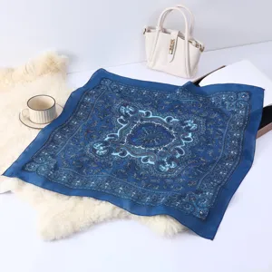 Blue vintage paisley print square scarf, elegant lightweight neckerchief and hair accessory.