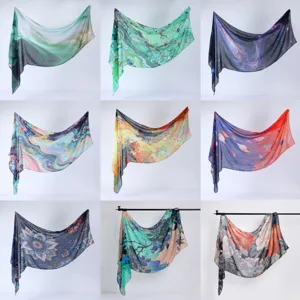 Women's fashion artistic print scarf collection, watercolor tie-dye shawl, versatile neckerchief.