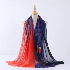 Close-up detail of colorful watercolor print scarf, showing soft fabric texture and style.