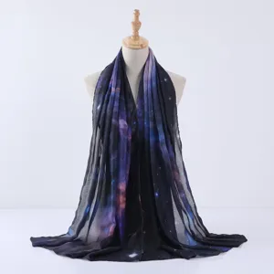 Galaxy print long women scarf shawl, lightweight soft fabric for versatile daily wear style.