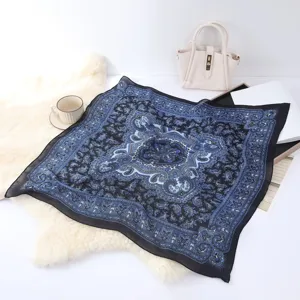 Retro paisley print square scarf for women, lightweight blue and black hair scarf or neckerchief.