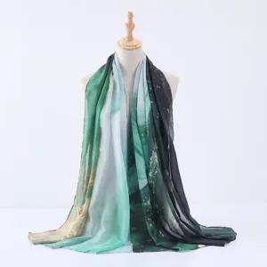 Detail view of the abstract watercolor tie dye scarf showing green and black gradients.
