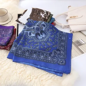 Detail view of vintage paisley print silk square scarf women fashion neckerchief 70x70cm