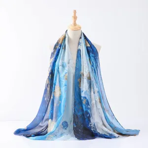 Elegant blue watercolor tie-dye scarf women fashion multi-purpose shawl lightweight neck wrap