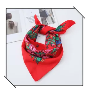 Red vintage floral square scarf, ethnic style peony print headscarf for women daily fashion.