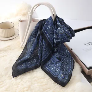 Blue and black paisley pattern square scarf, delicate thin fabric neck accessory.