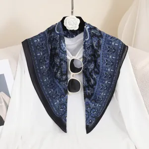 Vintage blue paisley print square scarf, 70x70cm lightweight silk-feel neckerchief for women.