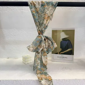 Gradient floral print long ribbon scarf, elegant chiffon neckerchief for women stylish.