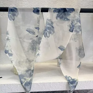 Gradient floral long silk scarf ribbon elegant slanted hem chiffon neckerchief for women