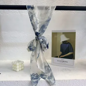 Gradient chiffon long scarf ribbon style, elegant blue and white floral neck scarf for women.