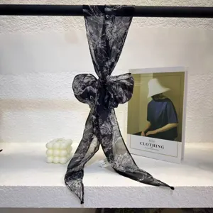 Black floral ribbon silk scarf chic oblique long neckerchief elegant bow accessory