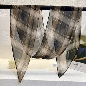 Gradient plaid ribbon scarf, chic oblique design, elegant long chiffon neckerchief for women.