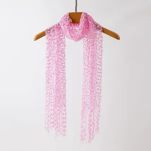 Pink sequin mesh long scarf, lightweight hollow out tassel scarf for women fashion accessory.