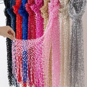 Sequin tassel hollow long scarf detail showing fine mesh texture and various vibrant color options.