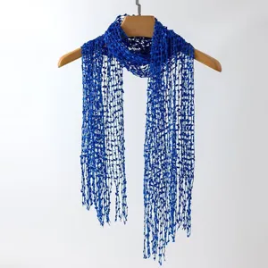 Royal blue knitted hollow tassel scarf, elegant women lightweight accessory for daily wear.