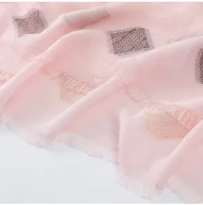 Pink clip jacquard scarf detail, women cotton linen shawl with fringe and geometric pattern.