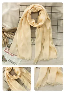 Cotton linen solid color scarf for women, elegant fringe design, soft and comfortable.