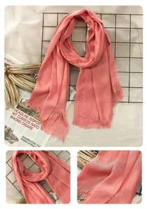 Cotton linen solid color pink scarf with fringe, Japanese style cozy shawl for women.
