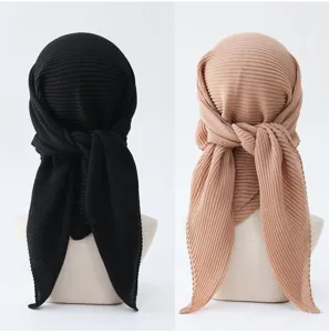 Solid color pleated square scarf Muslim hijab for women, elegant 90cm head wrap and neck scarf.