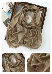 Metallic shimmering long scarf for women, solid color rayon shawl with fringe details.
