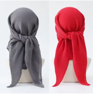 Detailed view of pleated solid color square headscarf, soft texture for women daily wear.