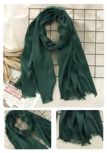 Dark green cotton linen scarf women solid color shawl fringe vintage winter warm 1pc