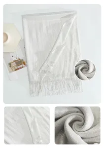 Close-up details of shimmering metallic silver scarf showing soft fabric texture and tassel trim.