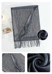 Detailed view of the shimmering metallic tassel scarf, showing texture and soft fabric design.