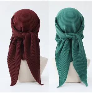 Elegant solid color pleated square scarf, soft imitation linen hijab turban for women, 90cm.