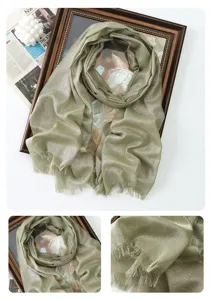 Spring summer metallic shiny long scarf shawl for women, elegant shimmering fringe design.