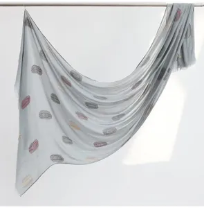 Light grey cotton linen tassel scarf detail, elegant printed shawl for women daily wear.