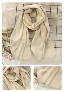 Solid color cotton linen scarf for women, literary style autumn winter shawl with fringe edge.
