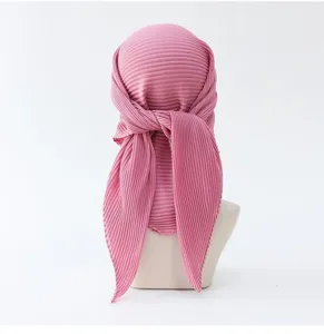 Pink pleated square hijab scarf for women, elegant 90cm solid color fashion head wrap accessory.