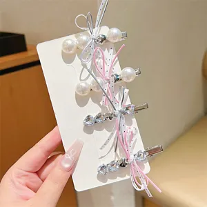 Schattige parel strass haarspelden set met lint strikken voor dames en meisjes dagelijks