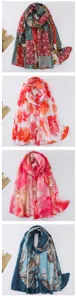 Detailed view of long fashion faux silk scarves with multiple floral and paisley prints.