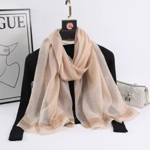 Elegant women beige long silk scarf with shiny metallic stripes, fashion autumn shawl for lady.