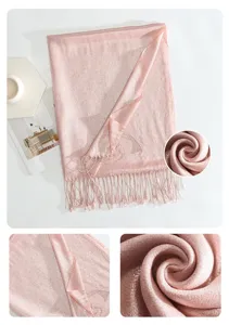 Women metallic shimmer pink long scarf with elegant tassels, perfect for spring and autumn.